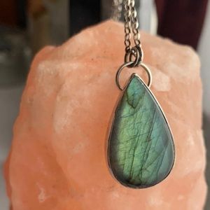 Labradorite Pendant w/ Silver Inlay & Chain